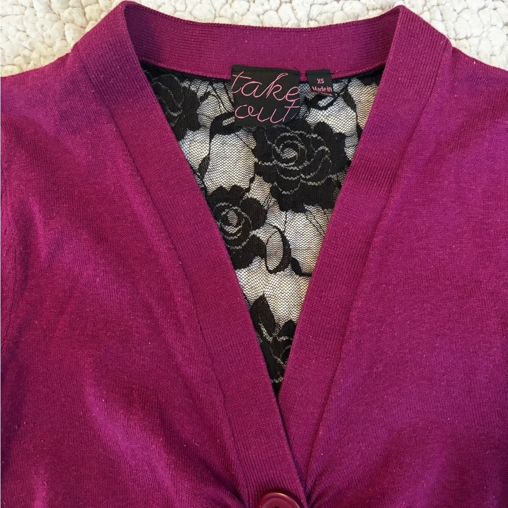 Purple Cardigan with Black Lace Detail